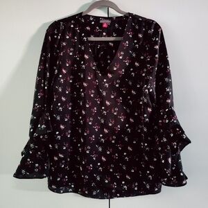 Vince Camuto Black Multi Floral Flutter Sleeve V-Neck Blouse Top Sz XS